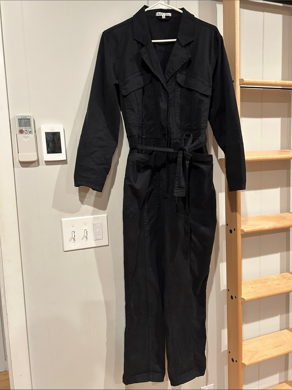 Alex Mill Black Button Front Utility Jumpsuit with Waist Tie